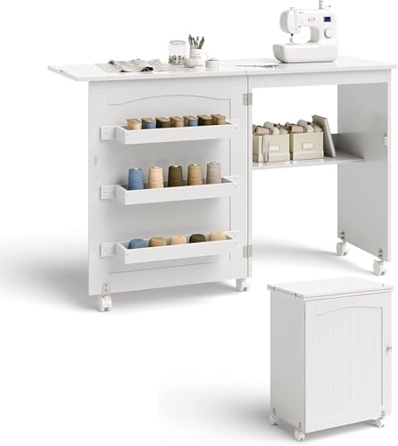 FANTASK Tavolo da cucito e scrivania pieghevole con 3 ripiani, armadio per macchina da cucire 2 in 1 per bobine e ruote bloccabili, armadio da cucito in legno per ufficio, soggiorno e camera da letto