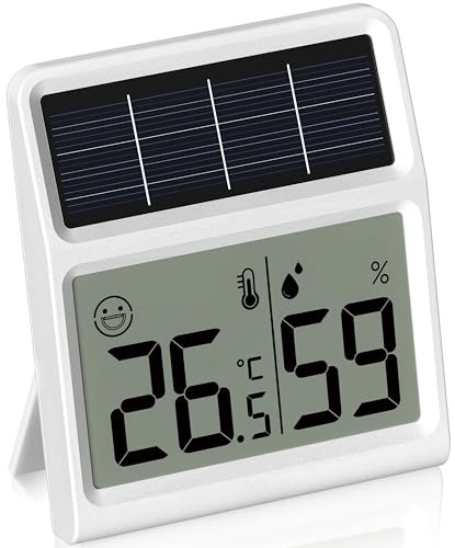 Termometro Digital Casa Solar, Higrometro Termometro Alimentado por Luz Interior- Medidor de Humedad funciona únicamente con exposición lumínica, Blanco - Pack de 1 unidad
