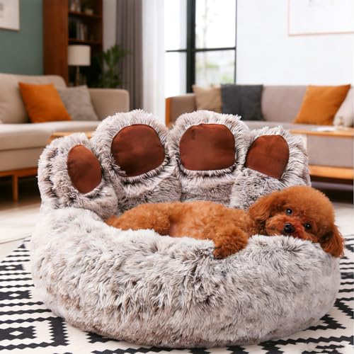 Kaffe 65 cm fluffig hundsäng kattsäng tvättbar hundkudde kattkudde mjuk söt björntassform hundsoffa, hundkorg, lång plysch, husdjurssäng för kattungar, små och medelstora hundar