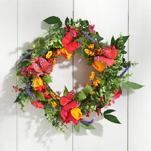 Eldo® Dörrkrans vår Ø 35 cm – konstgjord blomkrans med tulpaner och fjärilar – perfekt som fönster-, vägg- och bordsdekoration, verklighetstrogen och tidlös – färgglad blickfångare – dekorativ krans