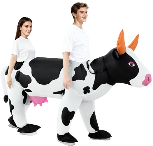 Poptrend Couple Inflatable Cow Costume 2 Person Double Costume for Adult, Inflatable Double Cow Blow up Costumes Halloween Cow Costumes Men Women Funny Fancy Dress Party