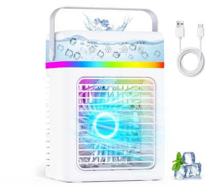 Aire Acondicionado Portatil Silencioso - Mini Enfriador de Aire con Depósito de Agua 900ML, 3 Niveles + 2 Modos, Programación 2/4/6 Horas, Iluminación RGB, Alimentación USB, para Habitaciones Pequeñas
