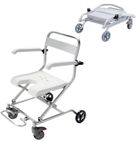 Vikbar duschstol, lätt aluminium badstol med hjul, ergonomisk halkfri badrumsstol för äldre och funktionshindrade, lätt att använda