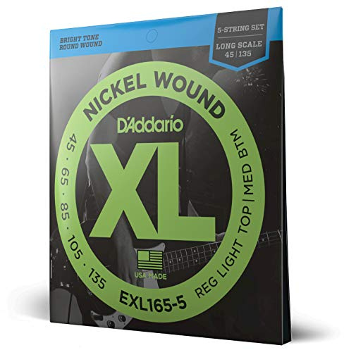 D'Addario E Bass gitarrsträngar – strängar E bas – basgitarr strängar – E bassträngar – bas gitarrsträngar – EXL165-5 – Custom Light, 45-135 (5-sträng) – lång skala | XL Nickel bas gitarrsträngar ger ljus ton, konsekvent känsla, pålitlig stämningsstabilitet och långvarig prestanda.
