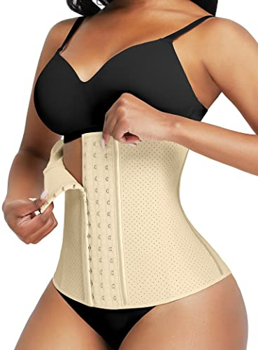 FeelinGirl Midjetränare Latexkorsett för Damer Midja Tränare med 9 Stålstruktur Träning Midja Cincher Sport Underbröstkorsett Midjeformare Magkontroll Plusstorlek Respirerbart med 3 Hake-Beige XL