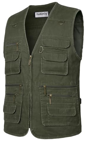 Yukirtiq Herren Angeln Weste ärmellos Freizeit Jagd Herrenwesten Sommer Trekking Wander Weste Reporterwesten Safari Weste mit Vielen Taschen, Grün, 3XL