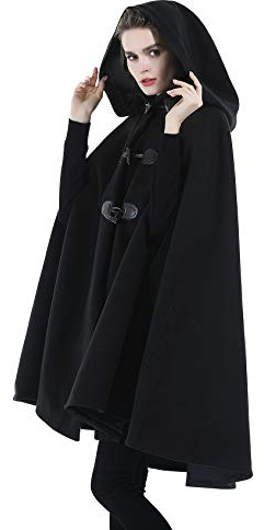 BEAUTELICATE Hooded Cape Coat Wool-Blend Oversized Medieval Cloak Poncho Fashion Overcoat Vintage Outwear Plus Size For Women Autumn Winter(One size, Black)