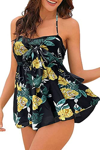 NLAND Trajes de baño Tankini para Mujer Dos Piezas Conjunto de Bañador Estampado Volantes Swimsuit con Halter Push Up Top y Bragas para Piscina