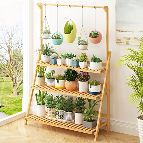 LIGUOYI Hanging Plant Holder Stand 3 Tier Ladder Plant Stand Bamboo Étagère À Plantes Porte Pots De Plante Hanging Storage Organizer Rack Folding Display Shelving for Patio Garden Living Room