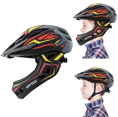 ONTYZZ Kids Bicycle Helmet Kids Adjustable Safety Full Face Helmet Lightweight Toddler Mountain Full Bike Helmet for Skating Cycling Scooter for Youth Child Boys Girls Ages Red-Yellow/M