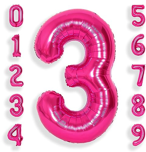 SUWEN 40 Inch Hot Pink 3 Number Balloon Foil 0-9 Birthday Big Numbers | 3rd Birthday Anniversary Party Decorations Large Helium Number Balloons Jumbo Giant Huge Mylar