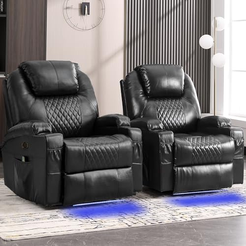 AHMED Power Swivel Rocker Recliner Chair for Adults, Power Glider Rocking Chairs with Massage & Heat, 270° Swivel Rocking Chair with Cup Holders/USB & Type-C Ports/LED Lights for Living Room, Black
