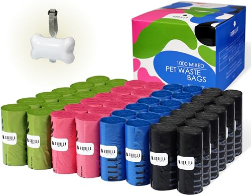GORILLA SUPPLY 1000 multicolor poop bags for dogs with Dispenser and Leash Tie, 9 x 13, Mixed