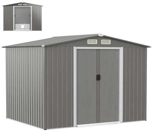 HOMASIS Casetta da Giardino in Metallo, Capannone per Attrezzi con Tetto a 2 Falde e Fondamenta, Capanno con 4 Finestre e 2 Porte Scorrevoli (Grigio chiaro, 260 x 207 x 180 cm, 9,7 m³)
