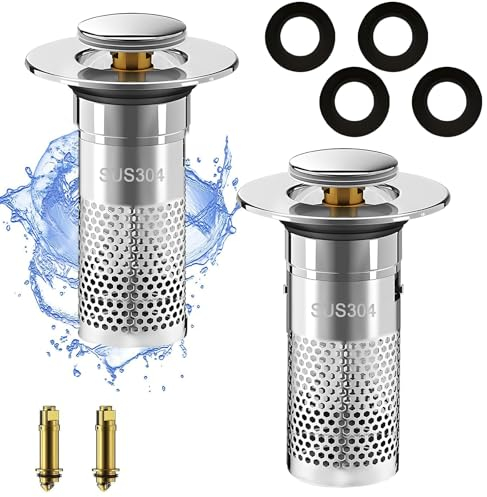 2025 Neu 2 Stück Universal Waschbeckenstöpsel für 34-40mm Abfluss Ablauf,Abflussstopfen mit sieb, Abflusssieb Waschbecken,Rostfreier Stahl 304, universal mit Gummi für Waschbecken im Bad und Bidets