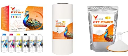 Yitentek DTF Ink & Film & Powder Set - 6000ML No Sediment DTF Transfer Ink + DTF Transfer Film Roll 11.8 x 328' Double Sided PreTreat Cold & Hot Peel PET Film + DTF Powder 1000g / 35.27oz