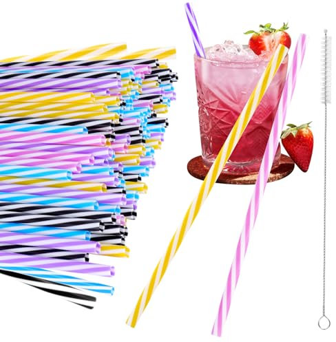 90 Stück Cocktail Strohhalme Plastik, Wiederverwendbare Strohhalme mit Reinigungsbürste, Strohhalm Kunststoff Regenbogen Trinkhalme Plastik, Plastic Straws für Smoothies, Säfte, Cocktails