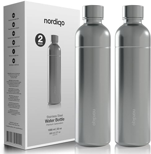 Nordiqo Premium 1L Flasche aus Edelstahl | Kompatibel mit Sodastream, Aarke und vielen weiteren Wassersprudlern | Ohne Ablaufdatum & Plastik | Auslaufsicher | Spülmaschinenfest - 2 X Edelstahl