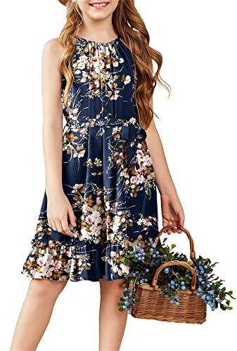 Arshiner Robe pour Fille D'été Midi avec à Volants Robe Trapèze pour Enfants Soirée Fête Décontractée avec Ceinture 6-14 Ans
