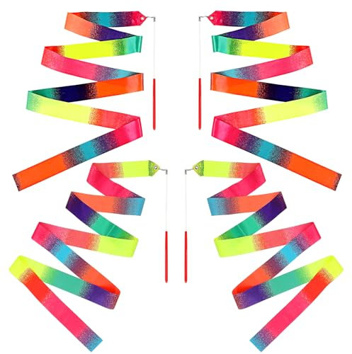 4 Stück Gymnastikband Gymnastik Band Bänder Zum Tanzen Gymnastikband mit Stab Rhythmische Tanzbänder Bandstäbe Regenbogentanz Bunt Gymnastikband Für Mädchen Und Erwachsene Künstlerischer Tanz