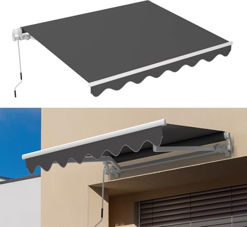 Store Banne Manuel 3.6x3M, Auvent Réglable Aluminium, Store avec Manivelle à Bras Articulés, Anti-UV, Résistant au Vent, Inclinaison réglable, Facile à Installer, pour Terrasse et Balcon, Gris Foncé