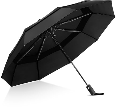 TECKNET Umbrella Windproof Strong for Rain, Large Automatic Folding Umbrella with 9 Strong Ribs, Double Canopy, Easy Auto Open & Close, Compact Travel Portable Durable & Lightweight Umbrellas, Black