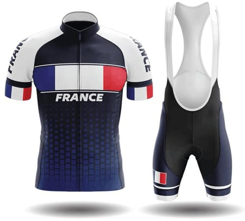 Maillot Cyclisme Homme Manches Courtes Drapeau de la France + Cuissard à Bretelles 5D Gel, Respirant et Confortable – Ensemble Tee-Shirt & Short Vélo Route ou VTT (XL)