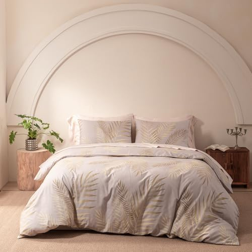 YASMENG Parure de lit 4 pièces 135 x 200 cm - En microfibre douce et douillette - Avec housse de couette et 2 taies d'oreiller de 80 x 80 cm - Doré/beige - Motif feuilles dorées