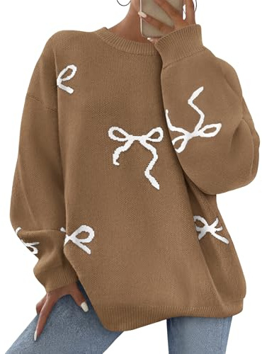 PRETTYGARDEN Fall Long Sleeve Pullover Sweaters for Women 2026 Trendy Crewneck Casual Cute Bow Chunky Knit Oversized Sweater (Camel,Medium)