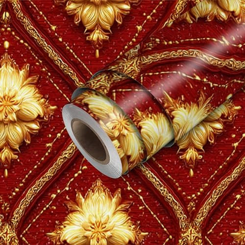 HOMETITUTE Baroque Gold Red Diamond Wallpaper Peel and Stick Contact Paper Marble Wall Paper Stick 118.1 x 17.7 Self Adhesive Removable Vinyl Wall Covering Bedroom Kitchen Bathroom Home Decor