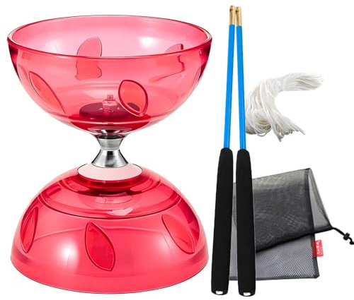 PLLYPE Lumineux Diabolo, Diabolo Freiner avec roulement à Billes, avec Ficelle, Sac en Filet & 2 Bâtons, pour Les Enfants & Les Adultes, Débutants & Professionnels, Rouge