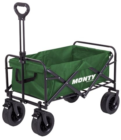 MONTY Carretilla Trolley Plegable Verde | Gran Capacidad 100 litros, 60 Kg | Estructura Acero con Pintura Anticorrosión, Mango Telescópico y Ruedas Giratorias Todoterreno con Freno | 2 Portabotellas