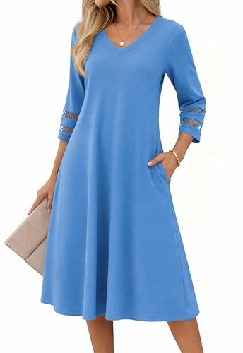 Zeagoo Vestido de Verano para Mujer Manga 3/4 Elegante Cuello V Vestidos | Midi Vestido con Encaje |Túnica A-Línea Vestido con Bolsillos |Casual Blusa Vestido|Color Sólido|Primavera Verano|S-XXL