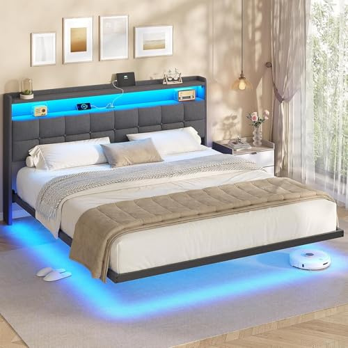 AOGLLATI Letto Matrimoniale 180x200 cm con Effetto Visivo Levitante, Struttura Letto con LED e Stazione di Ricarica, Letto con Testiera Imbottita e Struttura in Metallo, Senza Materasso, Grigio Scuro
