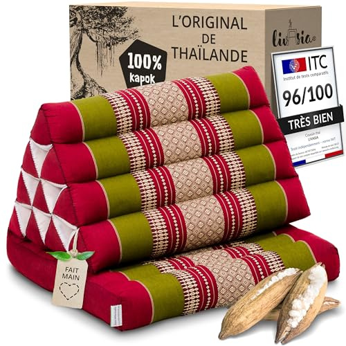 livasia Thai cushion with 1 seat rest - 30x20x3.1″ - Triangle cushion with seat cushion, Wedge cushion, kapok, Back support cushion, folding, Thai mat, folding, Hand made (Red/Green)
