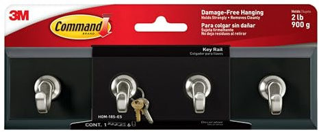 Command Key Rail, Holds up to 2 lb, 8-inch Rail with 4 Key Hooks and 6 Command Strips, Slate, Removable Key Hooks for Entryway or Hallway, Hang Keys, Hats, Dog Leashes, and Accessories