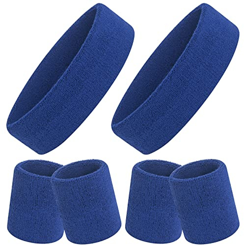 ONUPGO Svettbandsset, sport pannband armband set (6 st) svettband frotté tyg armband handled svettband pannband fukttransporterande svettabsorberande pannband (blå)