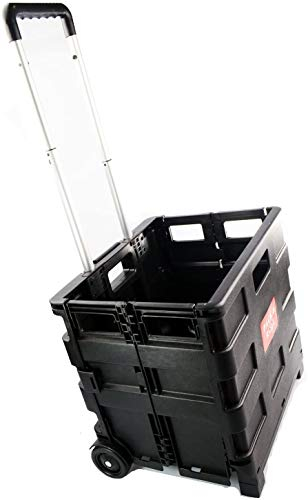 Black Plastic Folding Cart Trolley, Basket, Foldable Boot Cart for Supermarket Grocery, Shopping, Picnic, Laundry, with Wheels, Heavy Duty, Carry Up to 35 KGs