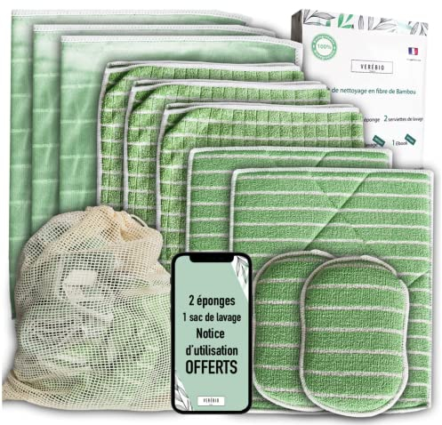 Kit di 11 panni in microfibra bambù XXL, spugne lavabili + sacchetto in omaggio, qualità premium, panni per la pulizia delle macchie su vetro, auto, inox, piastra di cottura, occhiali, stoviglie