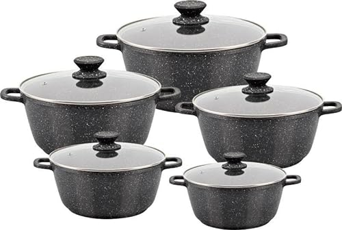 Royalford 5Pcs Die-Cast Aluminium Stockpot Set with Glass Lids - Induction Safe Non-Stick Casserole Set - Granite Coating Cookware Pots - Large Cooking Stockpot - Suitable for Most Types of Hobs