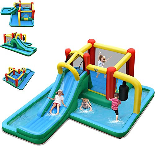 COSTWAY Château Gonflable 6 en 1 avec Toboggan Aquatique, Maison de Rebond avec Mur d’Escalade, Pataugeoire, Maille Respirante, Parc Intérieur Extérieur pour 4 Enfants de 3-10 Ans (sans souffleur)