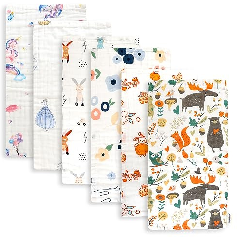 Maliton Muslin Cloths for Baby, 100% Cotton 6-Layer, 6 Pack (Fairy Tale) | 6-Layer Muslin Cloths for Feeding, Burping & Wiping, 100% Cotton, Super Absorbent & Soft, Newborn Essentials, 50 × 25 cm