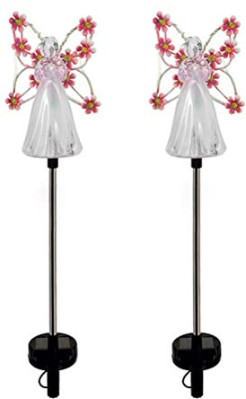 Confezione da 2 luci solari a LED a forma di angelo, luci solari per esterni, decorazione da giardino, impermeabili, per Halloween e Natale (rosso rosa)