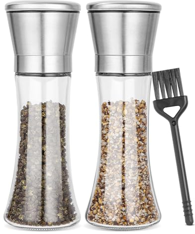 Set di 2 Macinasale e Pepe in Acciaio Inox di Alta Qualità, Con Nucleo in Ceramica Regolabile Manualmente, per Sale, Spezie, 190 ml