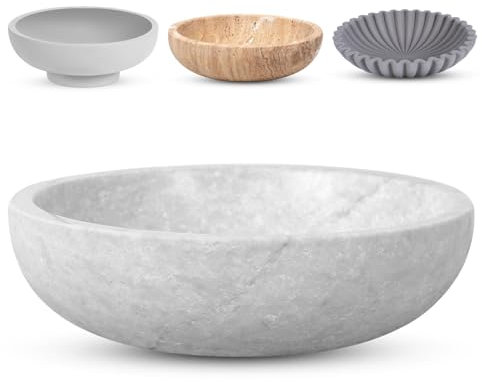 FNTSTICGOODS Travertine Decorative Bowl - 7.8” Diameter & 2” Height - Key Bowl for Entryway Table - Organic Modern Centerpiece - White/Gray