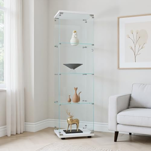 BPKADHY Vitrina de vidrio, vitrina con cerradura y 1 puerta, 4 plantas, vitrina con vidrio, coleccionables, libros, modelos (1 puerta, 4 plantas, blanco)