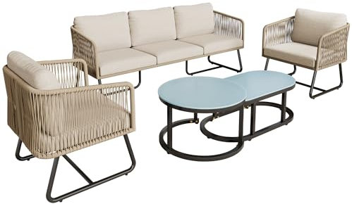 Garten-Lounge-Set mit Rahmen aus verzinktem Eisen, Gartenmöbel-Set aus Seil, graues Seil, verstellbare Füße, Tischplatte aus glattem Glas, 5er-Set, inklusive aller Sitz- und Rückenkissen (Beige)