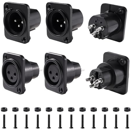 KUOQIY 6 Piezas Adaptador de Audio Montaje en Panel XLR de 3 Pines, XLR Macho y Hembra Conectores de Montaje en Panel de Chasis Serie D, con Tornillo, Carcasa de Plástico Negro