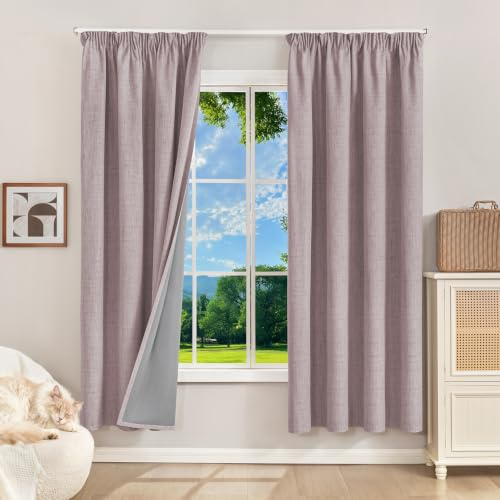 Runyéla 100% förmörkelsesgardiner, termogardiner, kyldskydd, gardiner med vågrät plisseband, 175 x 140 cm (h x b), set med 2, linnelook, gardiner, oigenomskinliga, rosa, skjutgardiner