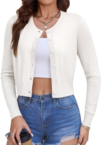 QILORA Cropped Cardigan Sweaters for Women, Bolero Shrug Lightweight Knit Button Down Long Sleeve for Dresses & Jeans, S to XL White